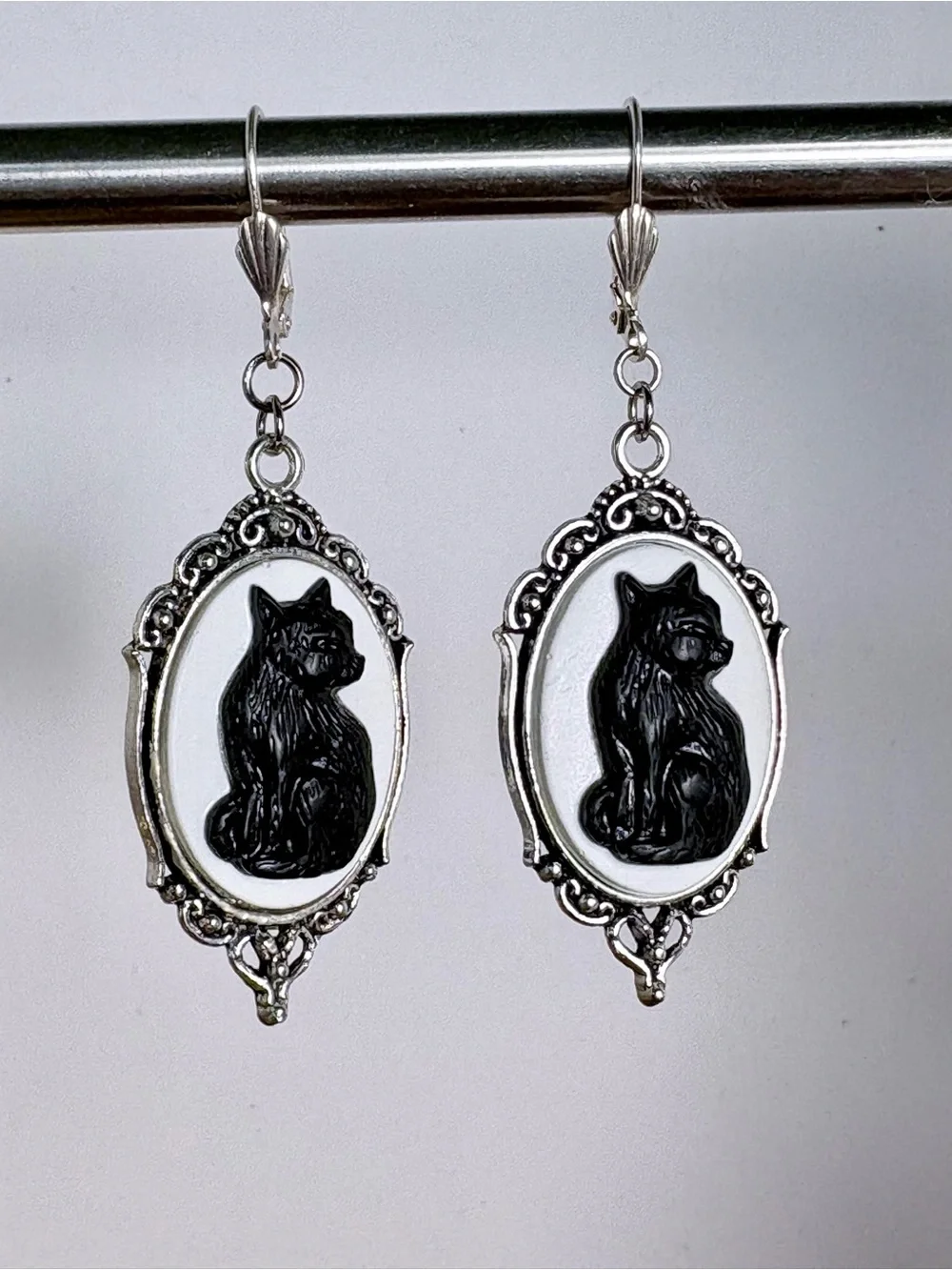 Silver Cat Cameo Drop Earrings - Black & White Cat Design